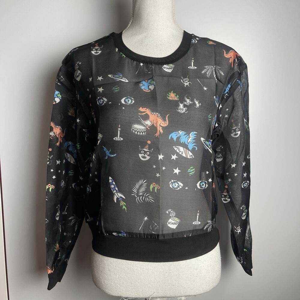 Re:named Cartoon Doodle‎ Dinosaur Space, SEMI-SHEER Lightweight Top Mesh Small